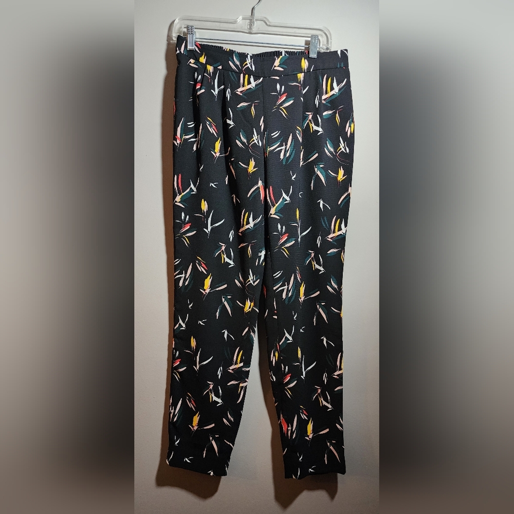 Small Halogen Multicolored Floral Abstract Print Tapered Elastic Waist Pants